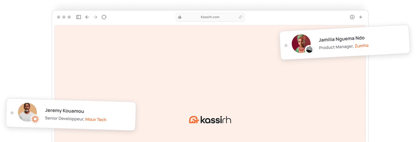 Kassirh app preview showing the browser interface with user profile cards